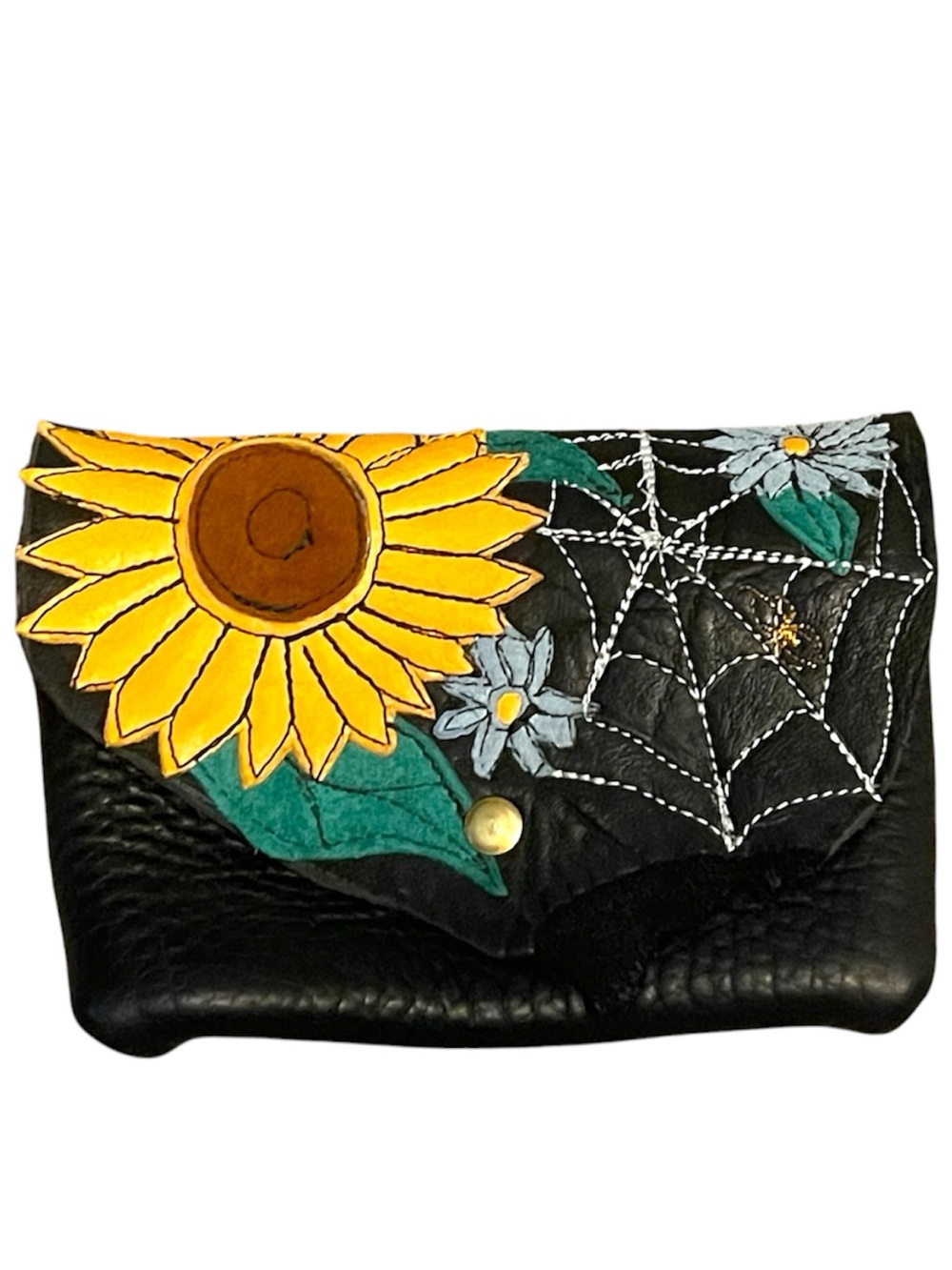 Handcrafted Black Leather belt bag with Sunflower and spider Applique